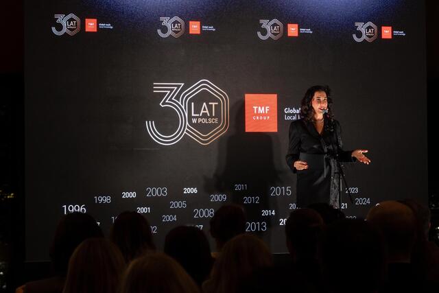 Katarzyna Głuchowska jako konferansjerka podczas gali jubileuszowej 30-lecia TMF Group w Polsce, zorganizowanej w Look Up na 42. piętrze wieżowca w Warszawie. Eleganckie prowadzenie wydarzenia biznesowego z udziałem międzynarodowych gości.